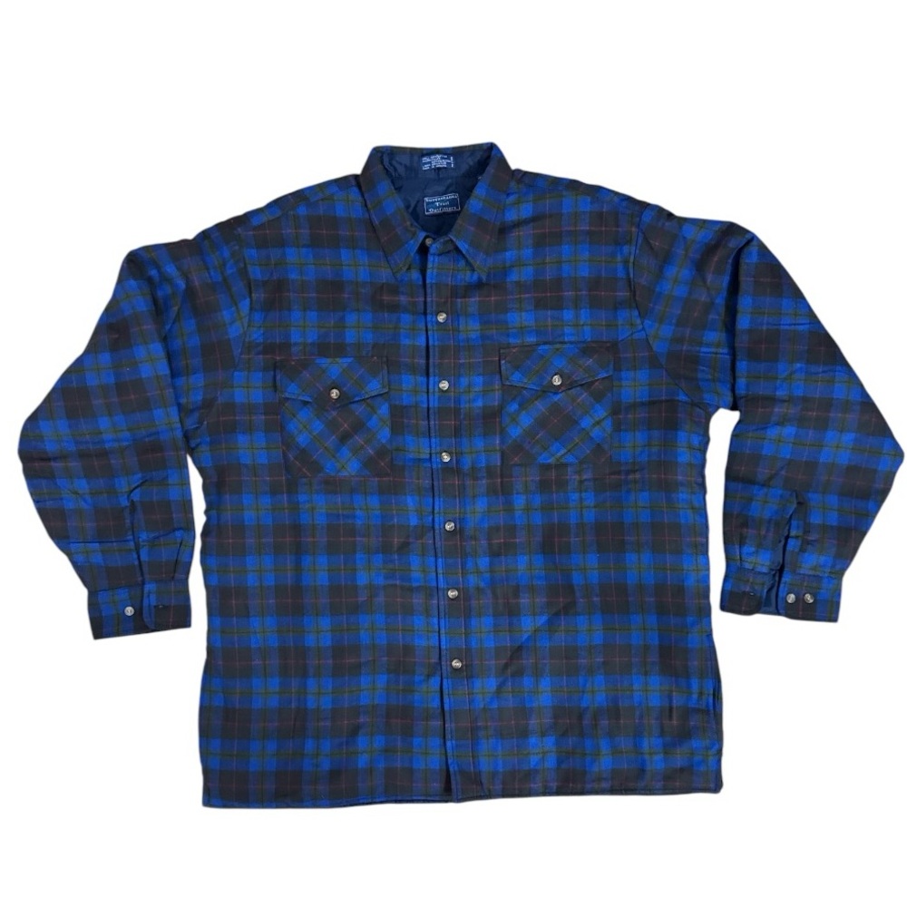 Vintage Black and Blue Plaid Quilted Long Sleeve Flannel Shirt Jacket